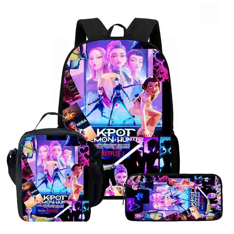Disney Cartoon KPop Demon Hunters Child School Backpack With Lunch Bags Pencil Bags For,Light Weight Child School Bags