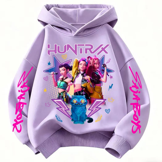 Demone Hunter Girl's Pink Hooded Streetwear Autumn Cute Anime Baby Pullover Kids Y2K Kawaii Long Sleeved T-shirt Casual Clothes