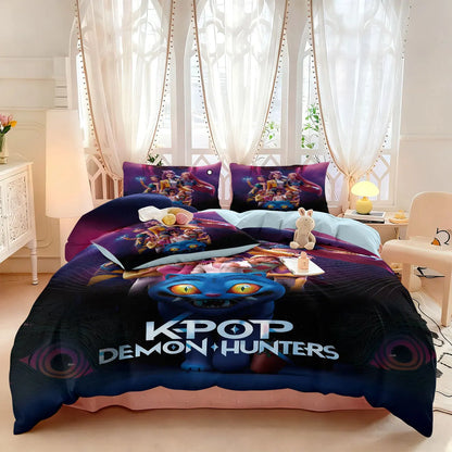 3pcs K-Pop Demon Hunters Print coreless Bedding Set Multi Sized Bedding Dormitory duvet Cover, Soft Decoration, Machine Washable