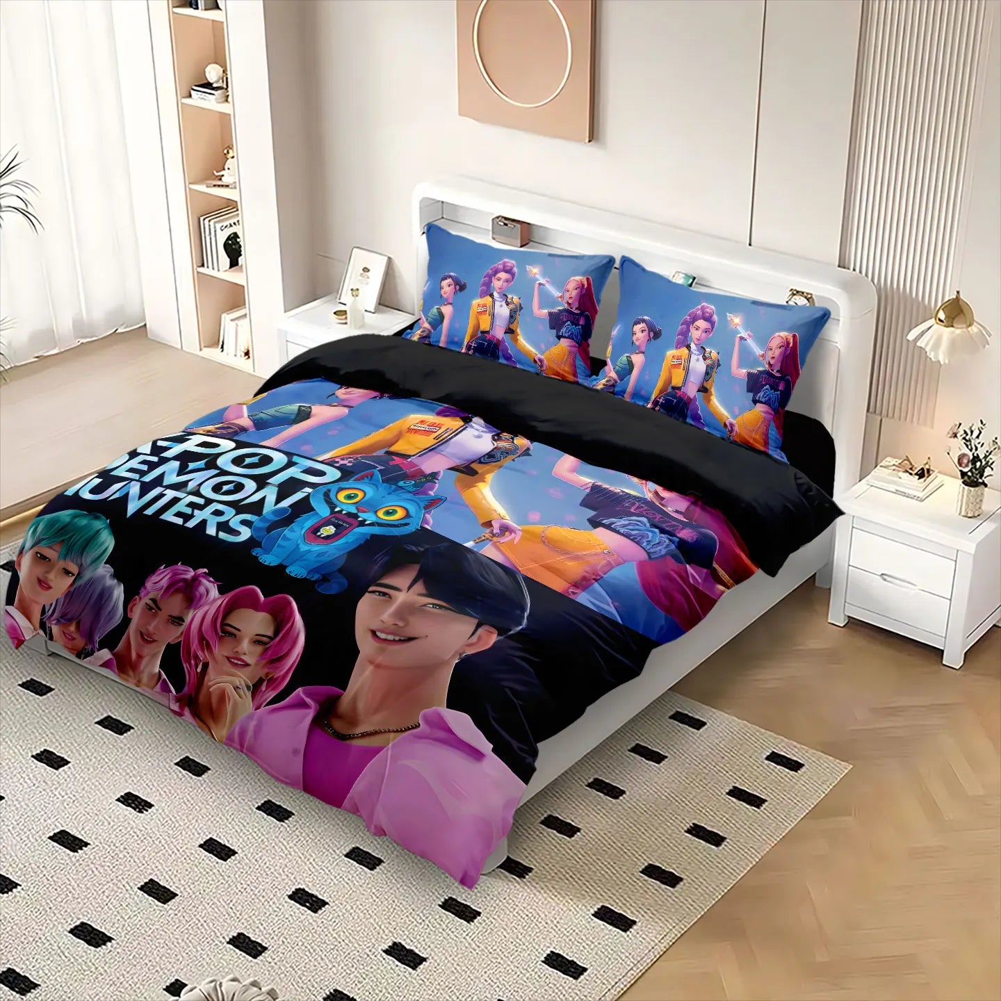 K-Pop Bedding Set Demon Hunters Themed pink or Black other side Print Polyester Student Dormitory  Duvet Cover Boys Girls Gift