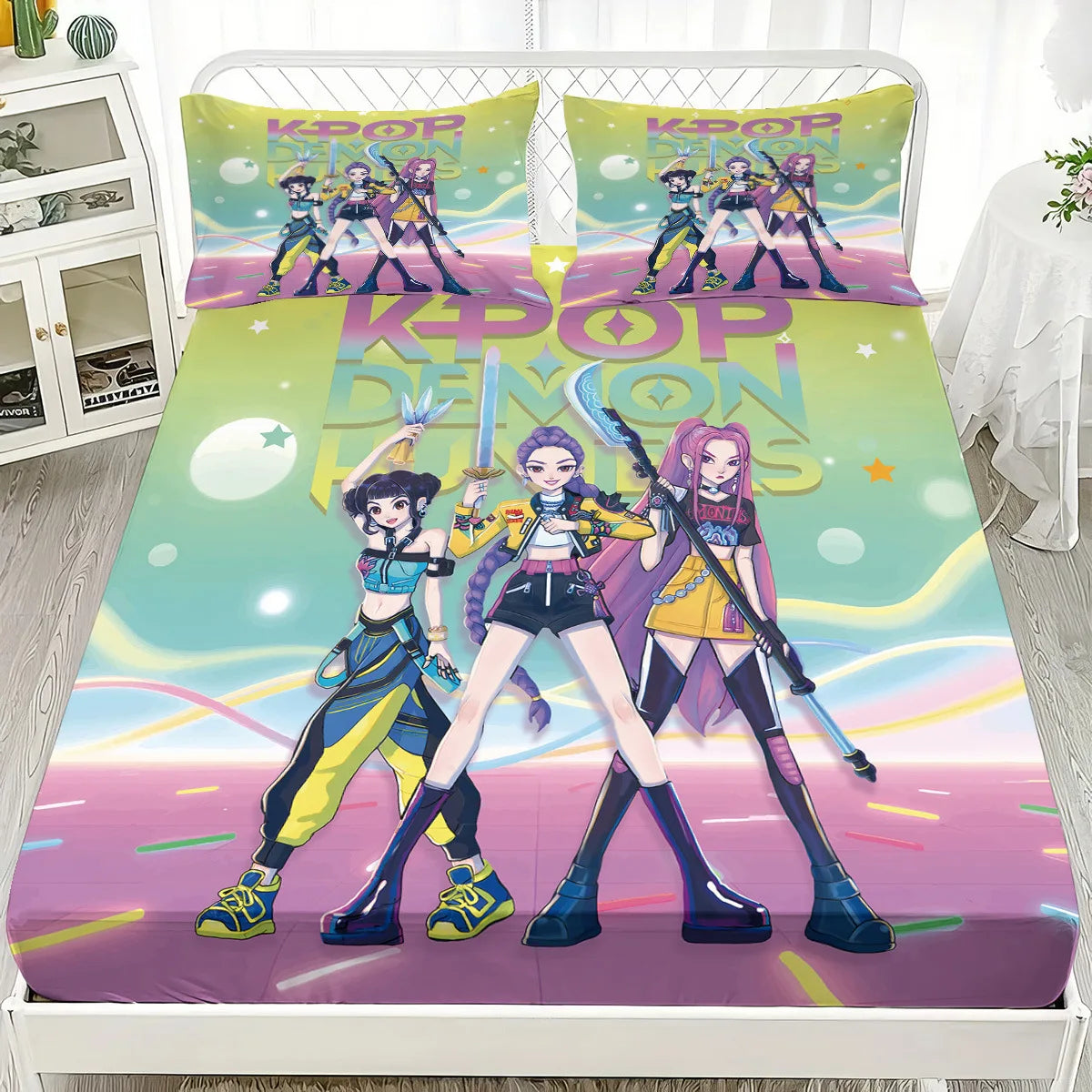 1PC KPOP Fitted Sheet Demon Hunters Soft Polyester Bed Fitted Sheet With Elastic Band Home Decorations Birthday Gifts for Girls