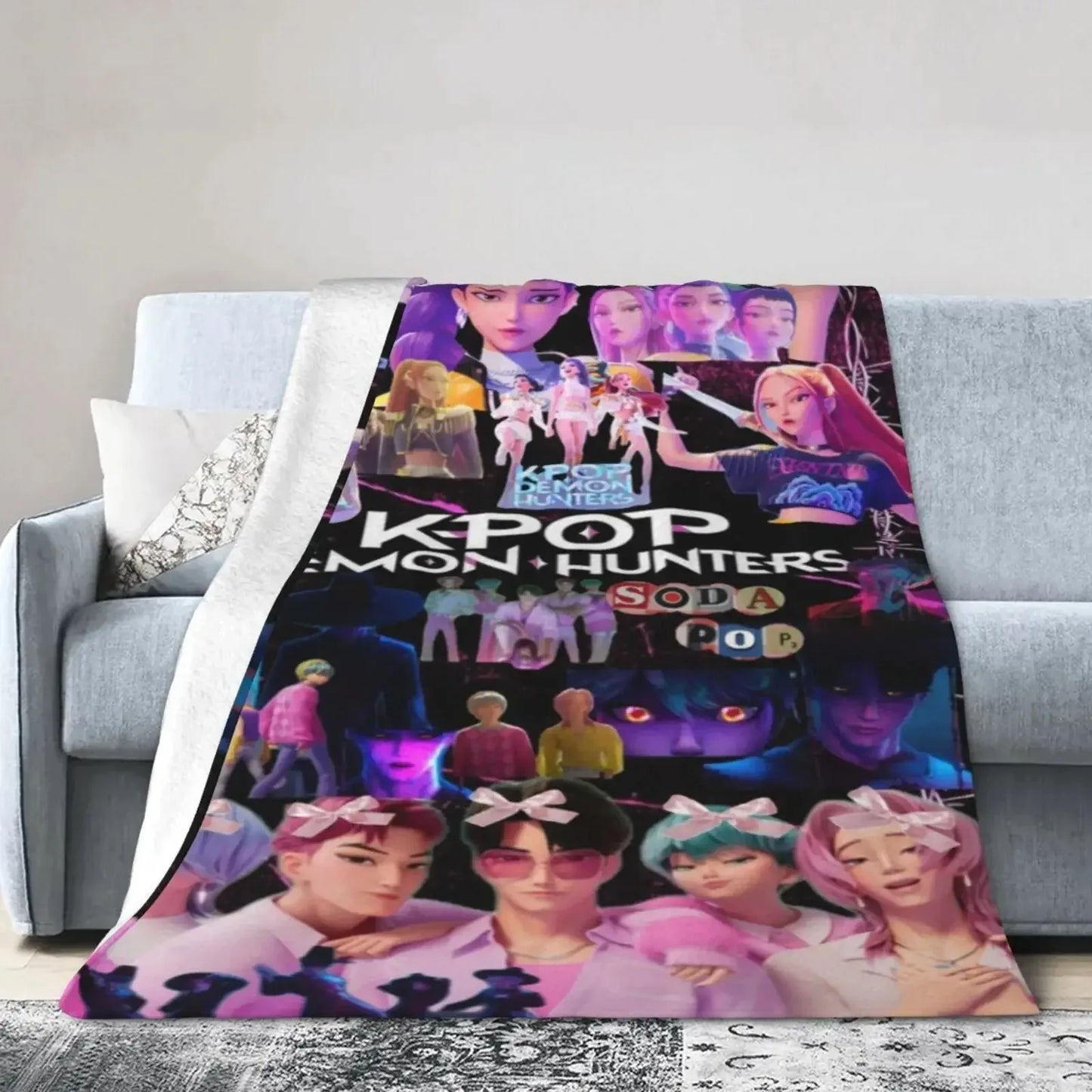 Cool K-Pop Demon Anime Hunter Flannel Blanket Suitable For Home Bedding And School Bedding A Must-Have Home Decor Blanket For Do