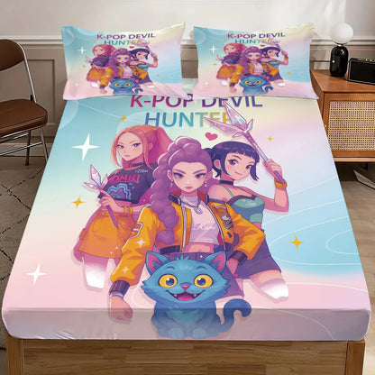 3pcs K-Pop Demon Hunters Printed coreless Bed Sheet Set Multi Size Soft Bed Cover Bedroom Bedding Machine Washable