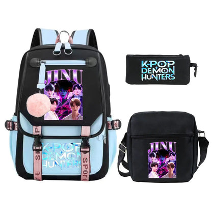KPop Demon Hunters Backpack Shoulder Bag Pencil Case Three Piece Set Children Fashion Casual SchoolBag Saja Boys Travel Backpack