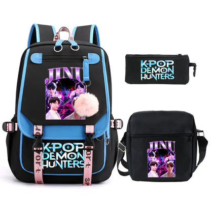 KPop Demon Hunters Backpack Shoulder Bag Pencil Case Three Piece Set Children Fashion Casual SchoolBag Saja Boys Travel Backpack