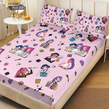 3pcs K-Pop Demon Hunters Print coreless fitted sheet Set Multiple Size Bedrooms Dormitory Bedcover Decoration Machine Washable