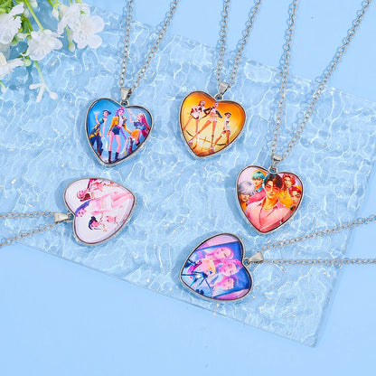 Cartoon K-Pop Demon Hunter Creative Heart Design Necklace Pendant Rumi Mira Zoey Fashion Jewelry Accessories for Fans Gift