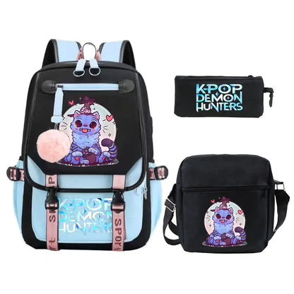 KPop Demon Hunters Backpack Shoulder Bag Pencil Case Three Piece Set Children Fashion Casual SchoolBag Saja Boys Travel Backpack