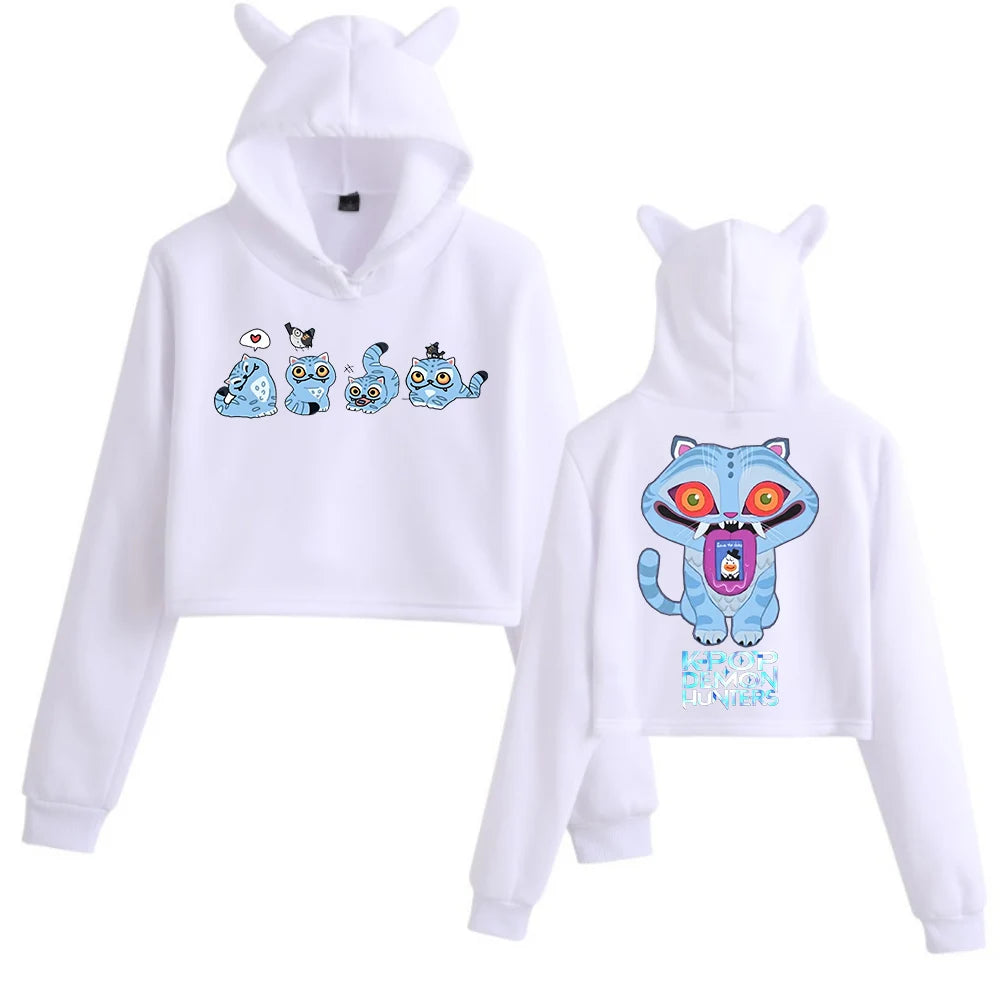 Hot Anime K-Pop Demon Hunters Tiger Crop Tops Cat Ears Sweatshirt Long Sleeve Girls Fashion Hoodie
