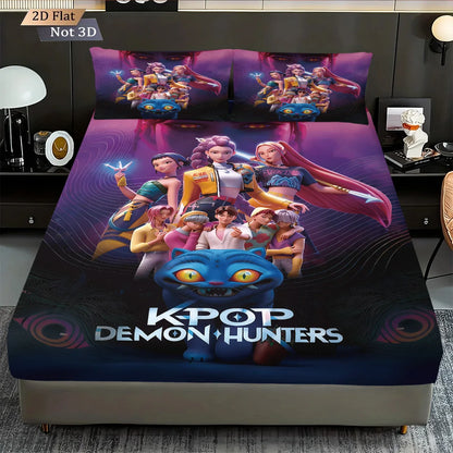 3pcs K-Pop Demon Hunters Print coreless fitted sheet Set Multiple Size Bedrooms Dormitory Bedcover Decoration Machine Washable