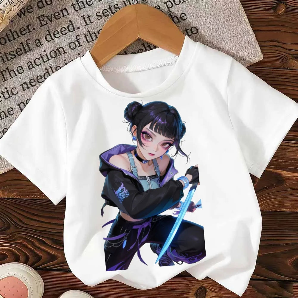 Kpop Demon Hunters T-shirt for Children Letter A-Z Tee Top Cute Cartoon Round Collar Girl Clothes Fashion Kids Clothing Tee Gift