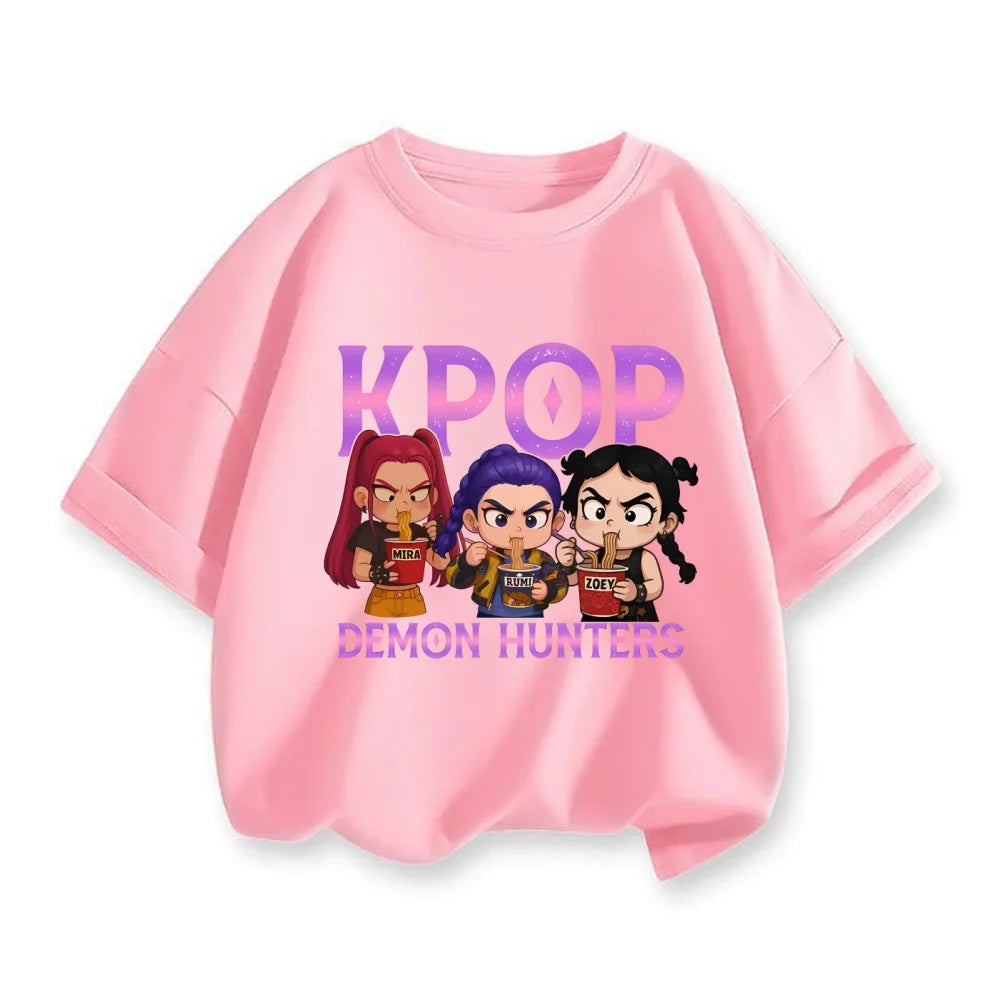 New 2025 Korean Wave Demon Hunter Cotton Printed Fashion Casual Round Neck Cartoon Girl T-shirt