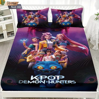 3pcs K-Pop Demon Hunters Print coreless fitted sheet Set Multiple Size Bedrooms Dormitory Bedcover Decoration Machine Washable