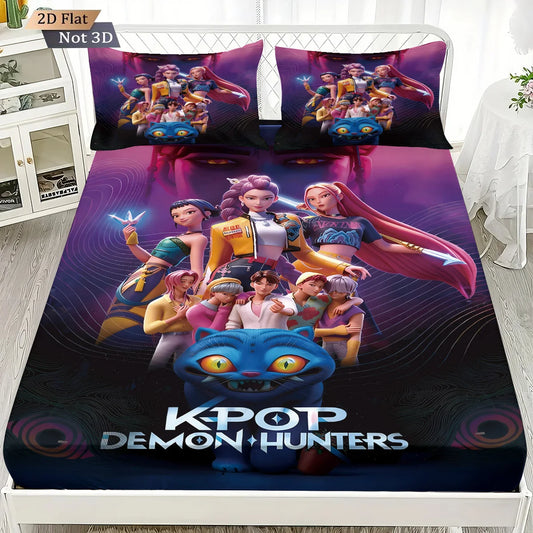 3pcs K-Pop Demon Hunters Print coreless fitted sheet Set Multiple Size Bedrooms Dormitory Bedcover Decoration Machine Washable