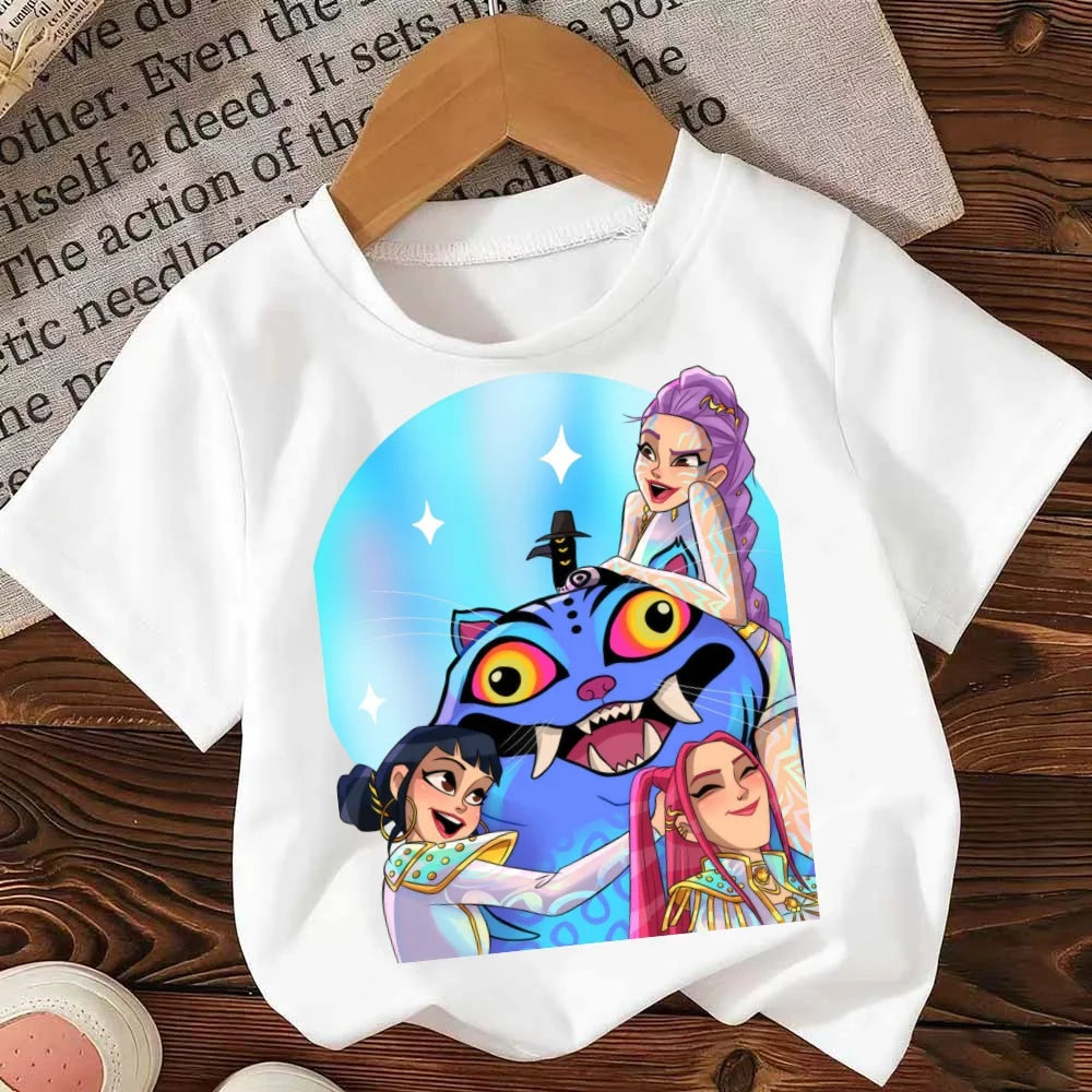 Kpop Demon Hunters T-shirt for Children Letter A-Z Tee Top Cute Cartoon Round Collar Girl Clothes Fashion Kids Clothing Tee Gift