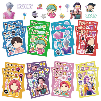 8 Sheets Cute KPop Demon Hunters Stickers Make A Face Puzzle Stickers Make Your Own DIY Game Jigsaw Education Toys