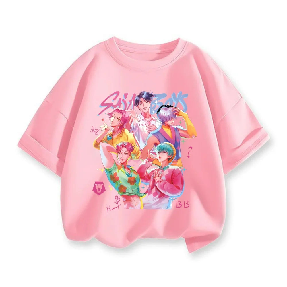 Kpop Demon Hunters Children's Clothing Short Sleeve T-shirt Cute Rumi Zoey Mira Shirts Harajuku Tops for Boys Girls Clothes Gif