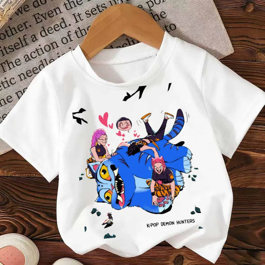 Kpop Demon Hunters T-shirt for Children Letter A-Z Tee Top Cute Cartoon Round Collar Girl Clothes Fashion Kids Clothing Tee Gift