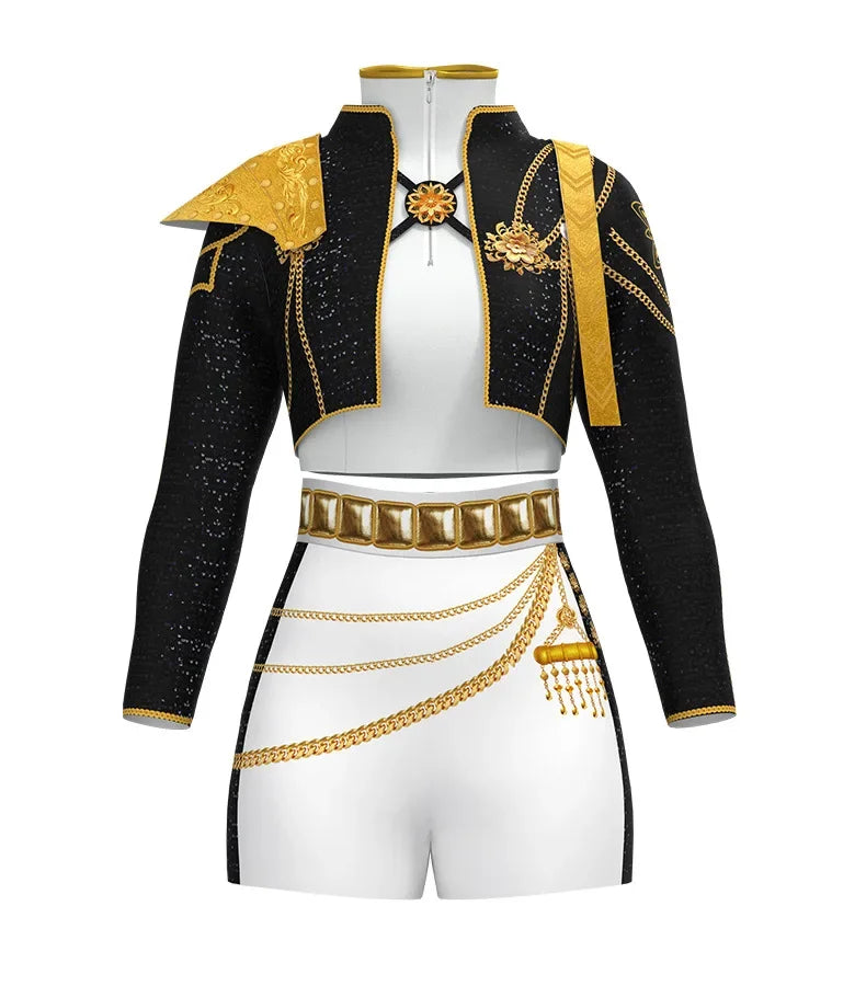 Girls Rumi Zoey Mira Cosplay KPop Demon Hunters Cosplay Costume Children Black Golden Suit Halloween Huntrix Role Playing Outfit