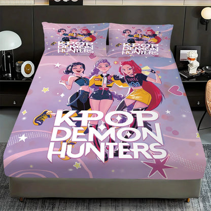 3pcs K-Pop Demon Hunters Print coreless Fitted Sheet Set Multi Size Soft Bedspread Bedroom Bedding Decoration Machine Washable
