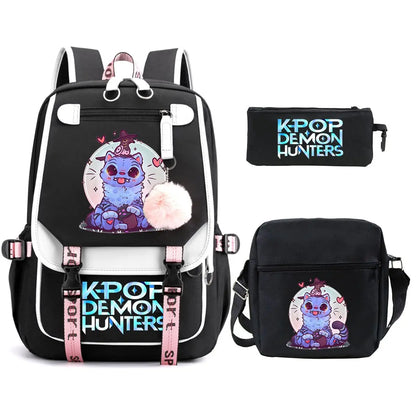 KPop Demon Hunters Backpack Shoulder Bag Pencil Case Three Piece Set Children Fashion Casual SchoolBag Saja Boys Travel Backpack