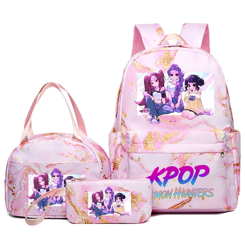 KPop Demon Hunters 3pcs Set Backpack Students Lunch Bag Set Pencil Case Anime Cartoon Fashion Print Student Back To School Gift