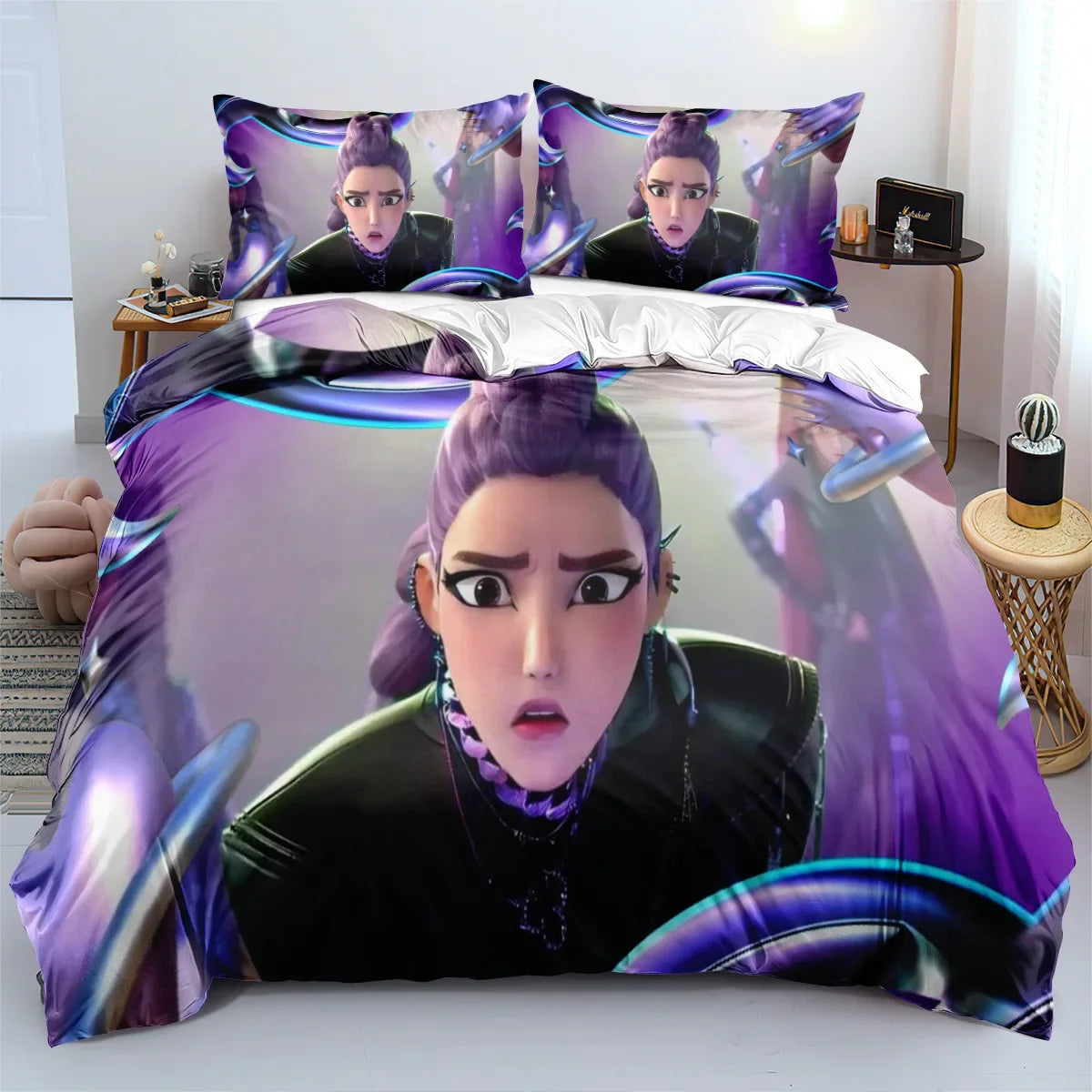 K-Pop Bedding Set Demon Hunters Themed Colorful Print Polyester Student Dormitory Bed Sheet Duvet Cover Kid Gift Home Textile