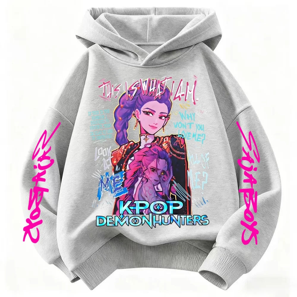 Boys Fashion Casual Tops Casual Black Clothing New Saja Boys Derpy KPop Demon Hunter Cartoon Boy Hooded Sweatshirt Warm Wave