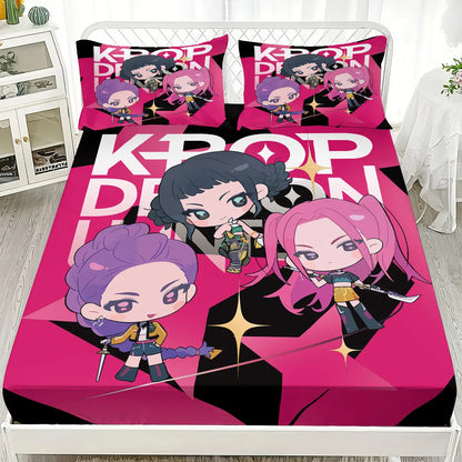 1PC KPOP Fitted Sheet Demon Hunters Soft Polyester Bed Fitted Sheet With Elastic Band Home Decorations Birthday Gifts for Girls