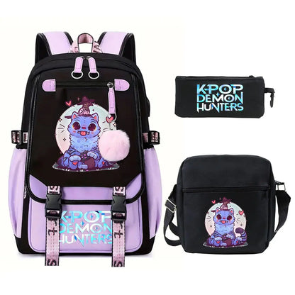 KPop Demon Hunters Backpack Shoulder Bag Pencil Case Three Piece Set Children Fashion Casual SchoolBag Saja Boys Travel Backpack