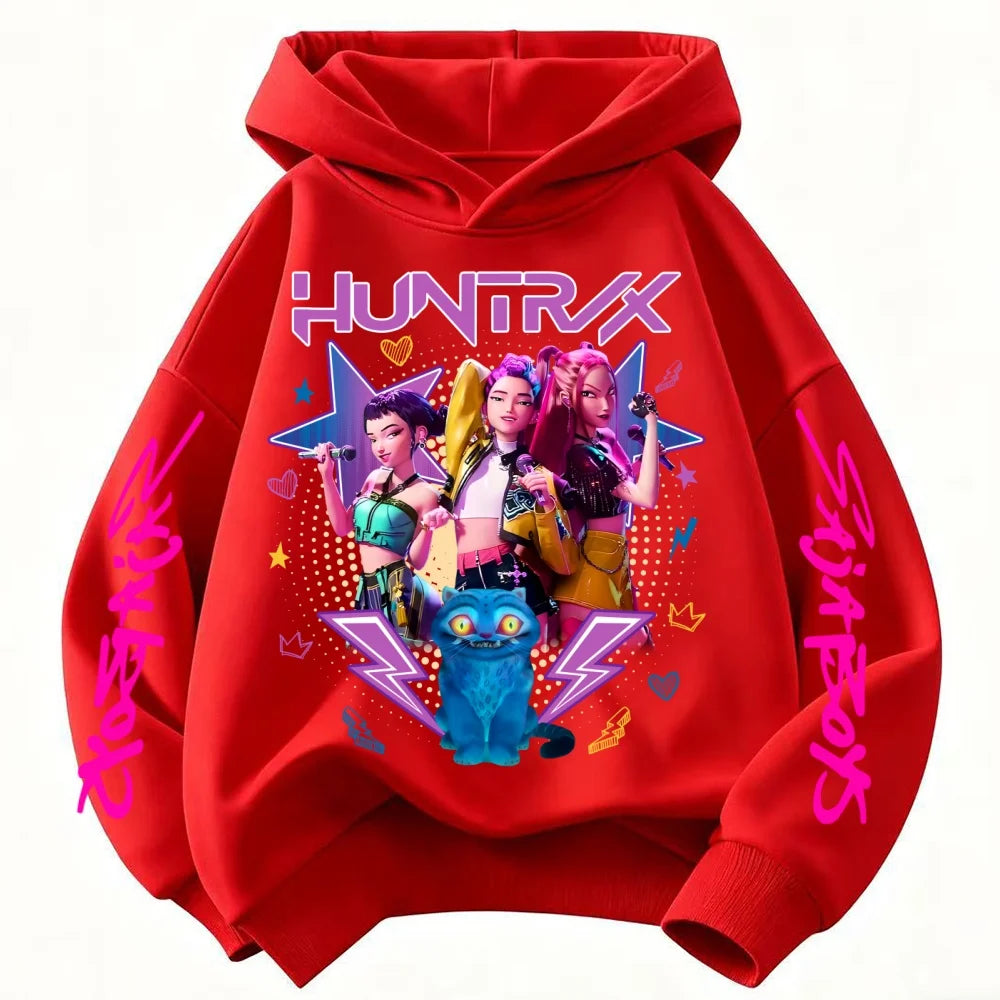 Demone Hunter Girl's Pink Hooded Streetwear Autumn Cute Anime Baby Pullover Kids Y2K Kawaii Long Sleeved T-shirt Casual Clothes