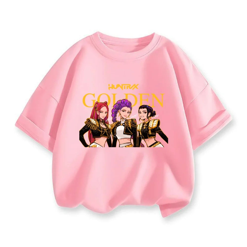 2025 New Hot KPop Demon Hunters Child Short Sleeve T-shirt Anime Character Print Tees Boys Girls Casual Tops Birthday Gift