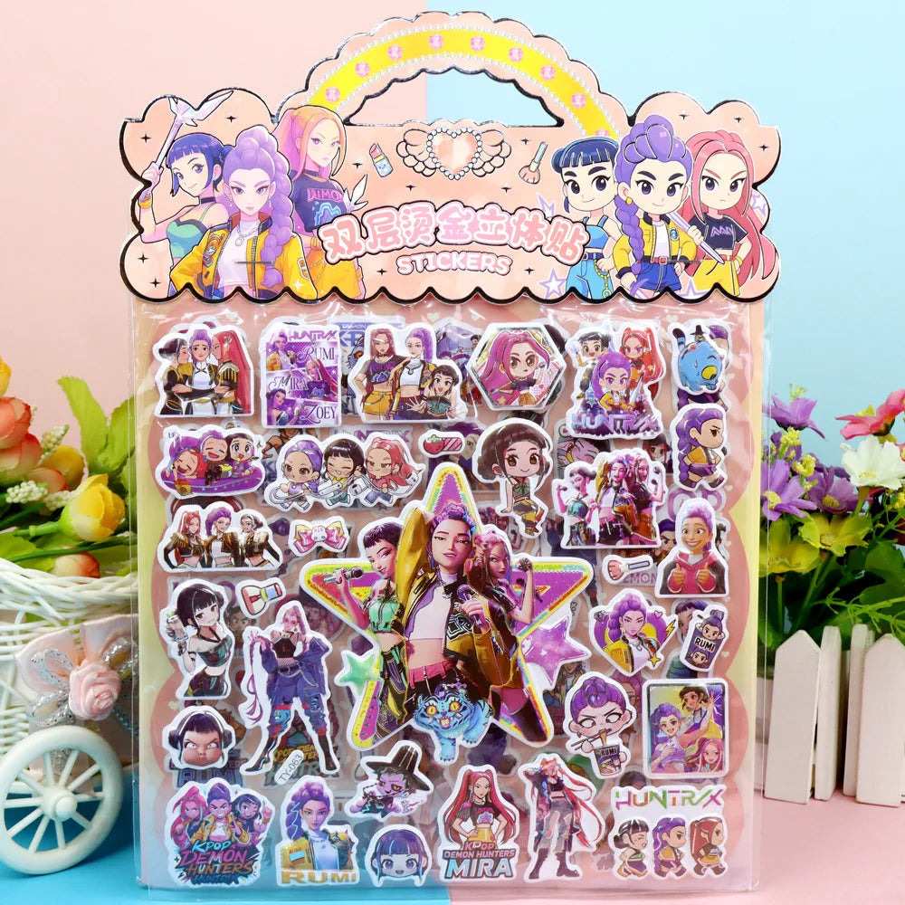 Anime Kpop Demon Hunters Cartoon Double Layered 3D Bubble Stickers DIY Laptop Phone Fridge Handbook Journaling Decor Stickers