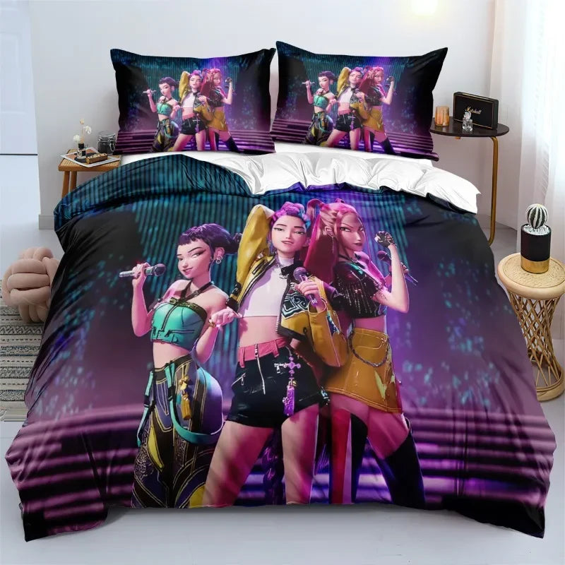 K-Pop Bedding Set Demon Hunters Themed Colorful Print Polyester Student Dormitory Bed Sheet Duvet Cover Kid Gift Home Textile
