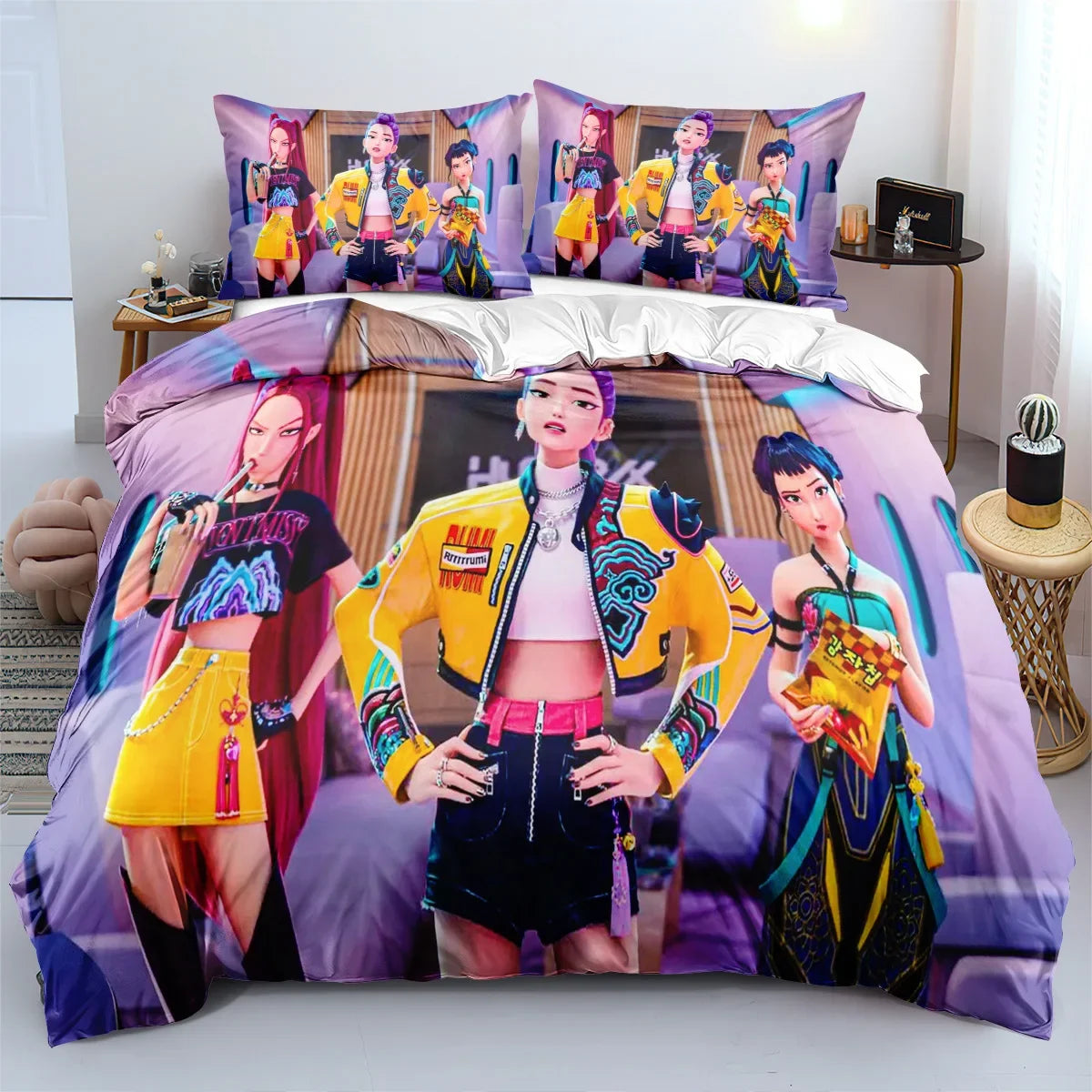 K-Pop Bedding Set Demon Hunters Themed Colorful Print Polyester Student Dormitory Bed Sheet Duvet Cover Kid Gift Home Textile