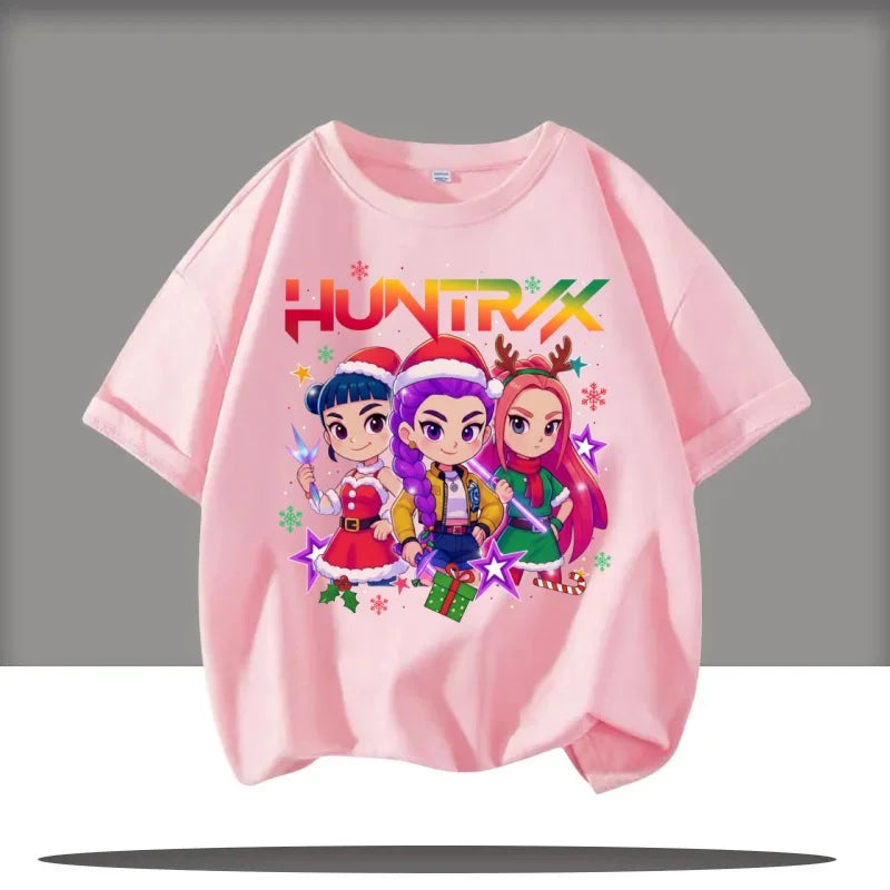 Huntrix Kpop Demon Hunters T-Shirt for Boys Girls Fans Gift Summer Crew Neck Short Sleeve Tees Fashion Kids T-shirt