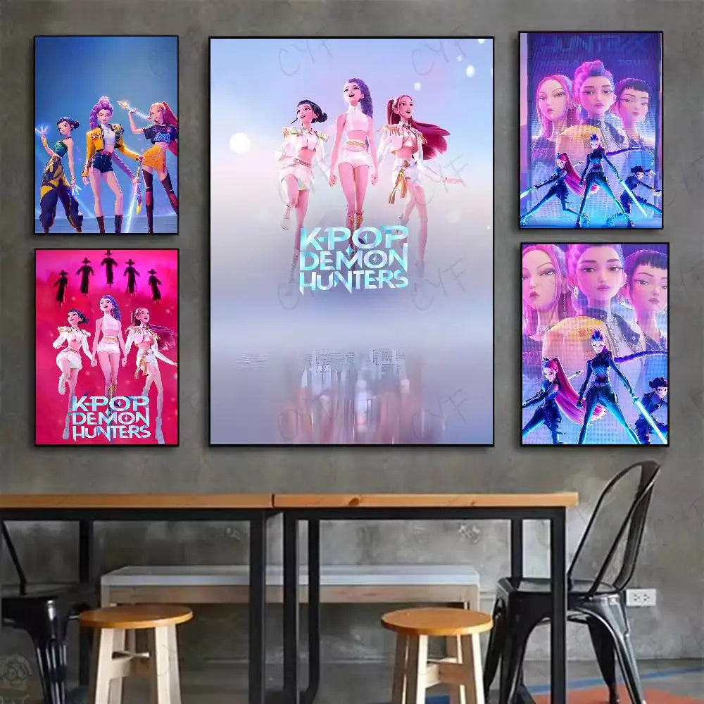 Anime K-Kpop Demon Hunters Poster Sticky Wall Art Printing Waterproof Home Living Bed Room Bar Aesthetic Decor