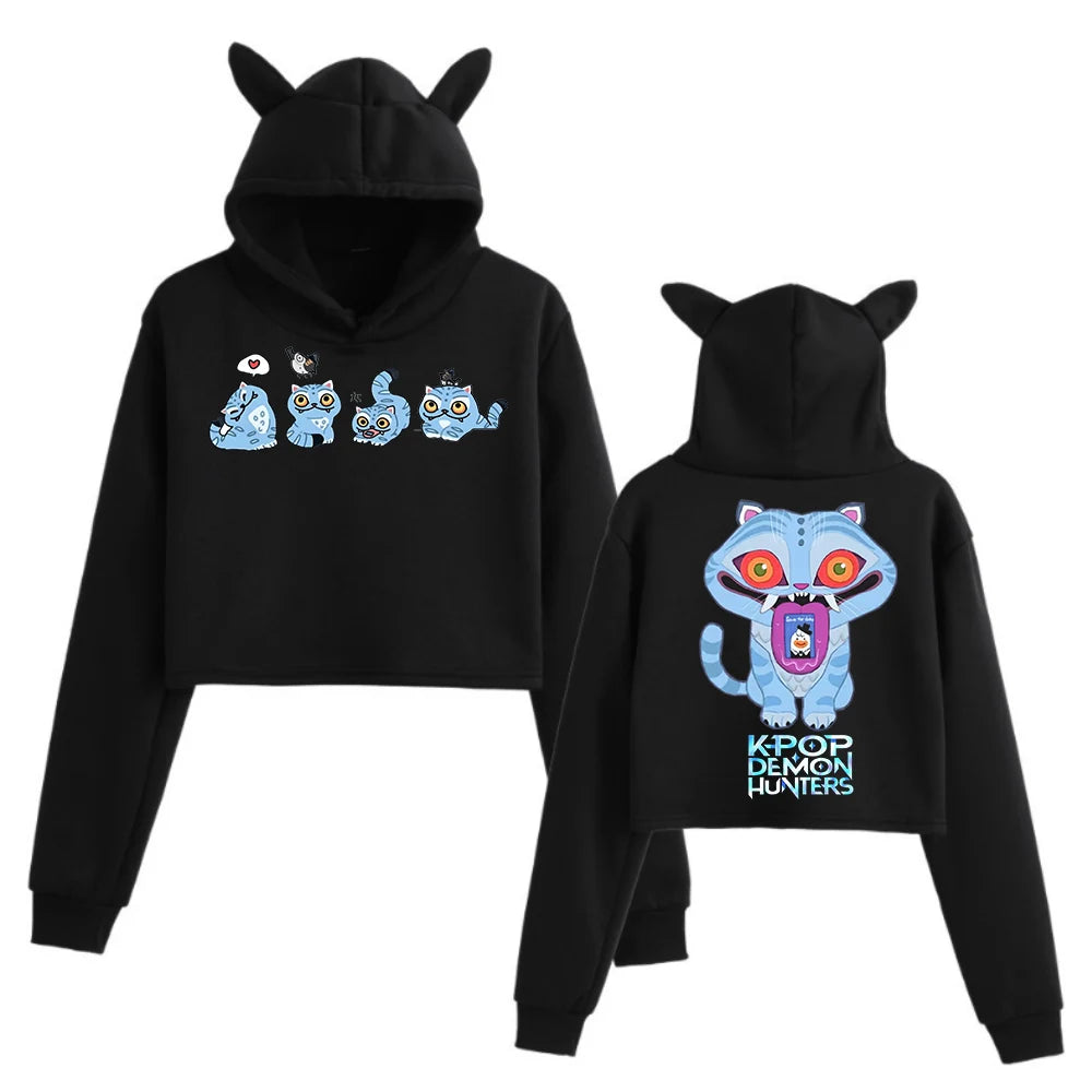 Hot Anime K-Pop Demon Hunters Tiger Crop Tops Cat Ears Sweatshirt Long Sleeve Girls Fashion Hoodie