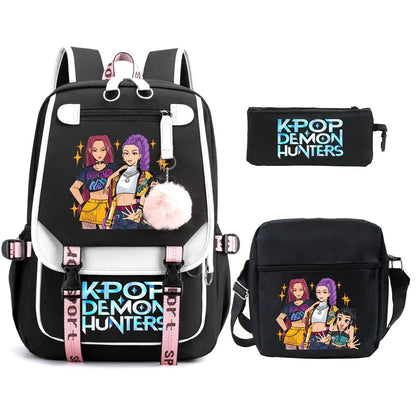 KPop Demon Hunters Backpack Shoulder Bag Pencil Case Three Piece Set Children Fashion Casual SchoolBag Saja Boys Travel Backpack