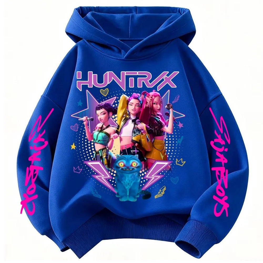 Demone Hunter Girl's Pink Hooded Streetwear Autumn Cute Anime Baby Pullover Kids Y2K Kawaii Long Sleeved T-shirt Casual Clothes