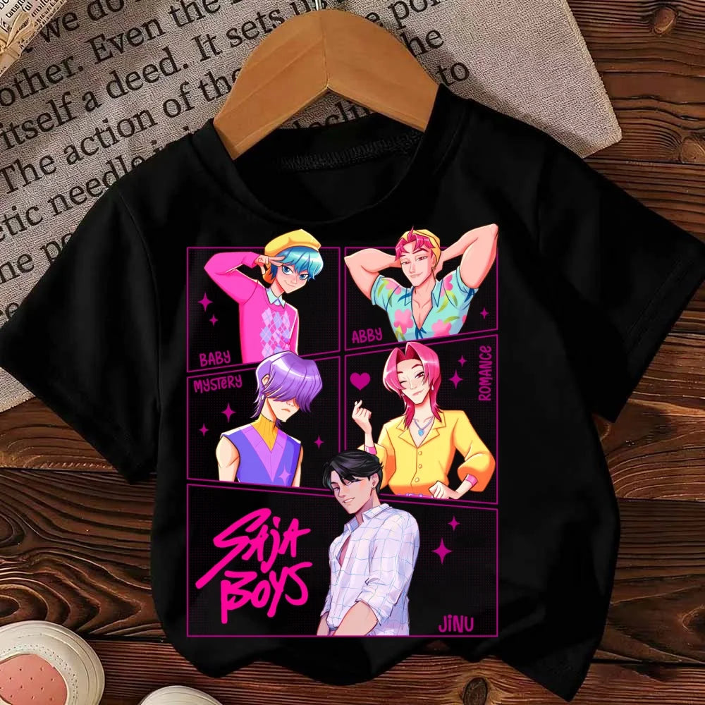 Cute Cartoon Saja Boys T-shirts Kpop Demon Hunters T Shirt Kids Boy Girl Summer Short Sleeve Round Neck Tops Children's Clothing