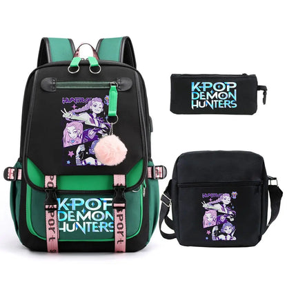 KPop Demon Hunters Backpack Shoulder Bag Pencil Case Three Piece Set Children Fashion Casual SchoolBag Saja Boys Travel Backpack