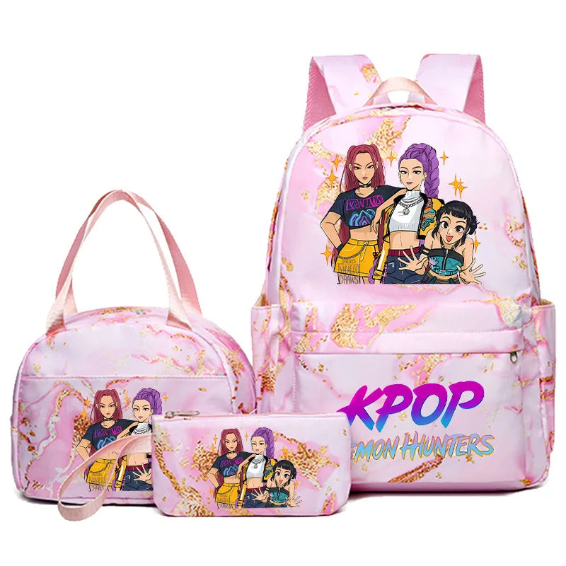 KPop Demon Hunters 3pcs Set Backpack Students Lunch Bag Set Pencil Case Anime Cartoon Fashion Print Student Back To School Gift