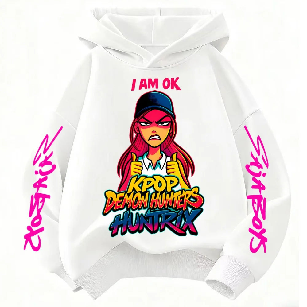 Cute Derpy KPop Demon Hunter Cartoon Girls Hooded Sweatshirt Warm Children's Wave Fashion Casual Tops Casual Black Pink Clothing