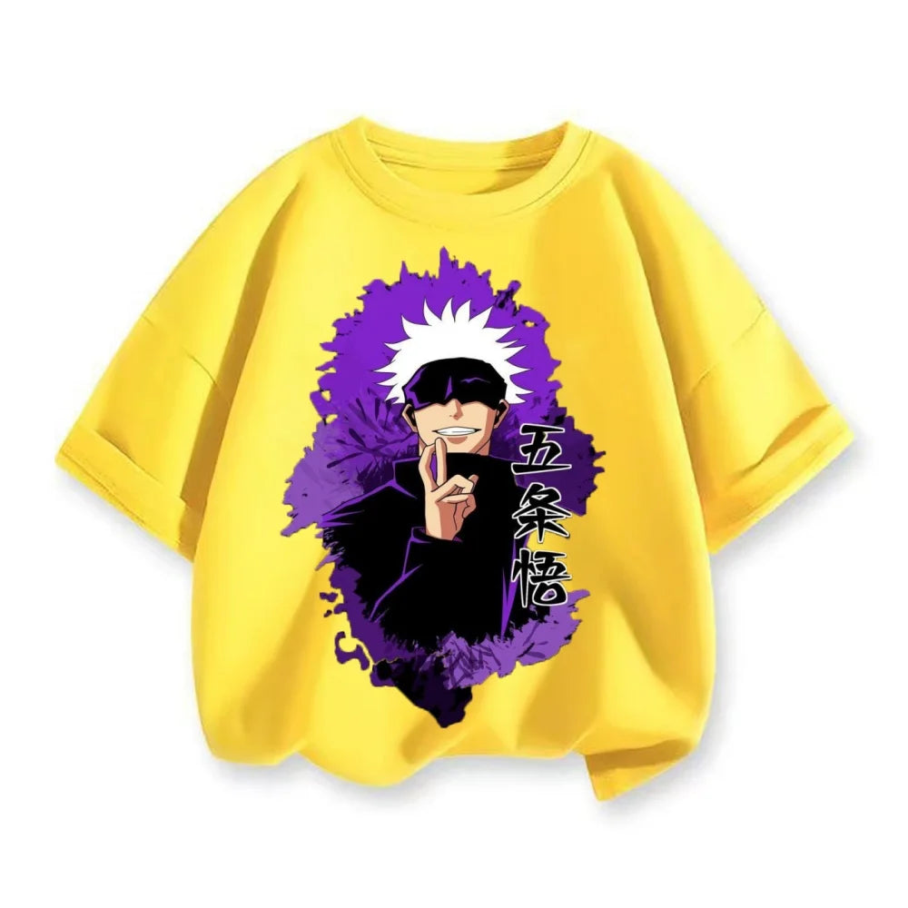 Spell Return Battle Short Sleeve T-shirt for Children, Five Sand Knot, Khaki, Japanese Anime 2D Top