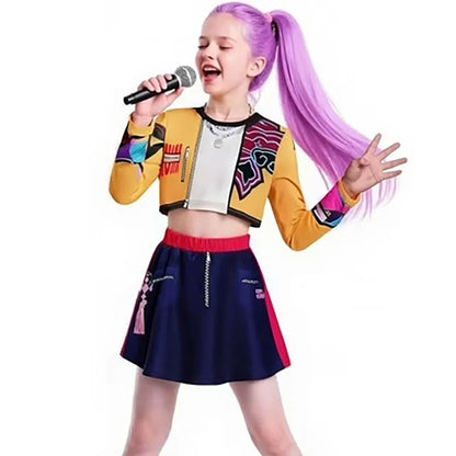 Girls Kpop Zoey Cosplay Costume Halloween Demon Hunters Rumi Mira Cosplay Tops Skirt Clothes Printed Stage Dress Kids Role Play