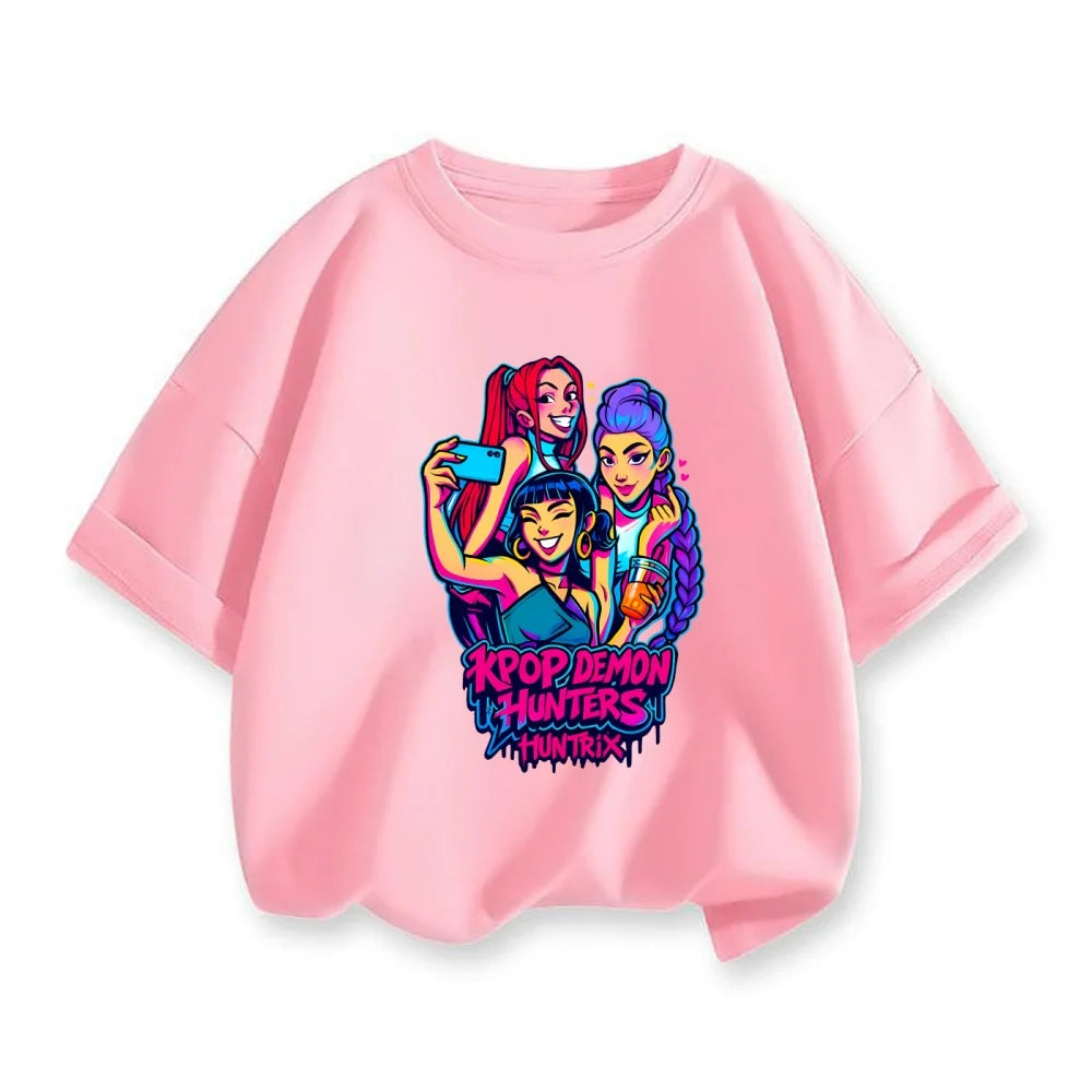 New 2025 Korean Wave Demon Hunter Cotton Printed Fashion Casual Round Neck Cartoon Girl T-shirt