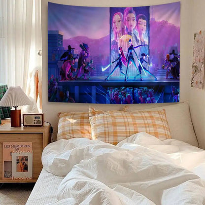 Kpop D-demon Hunters Anime Tapestry Hippie Flower Wall Carpets Dorm Decor Wall Hanging Home Decor