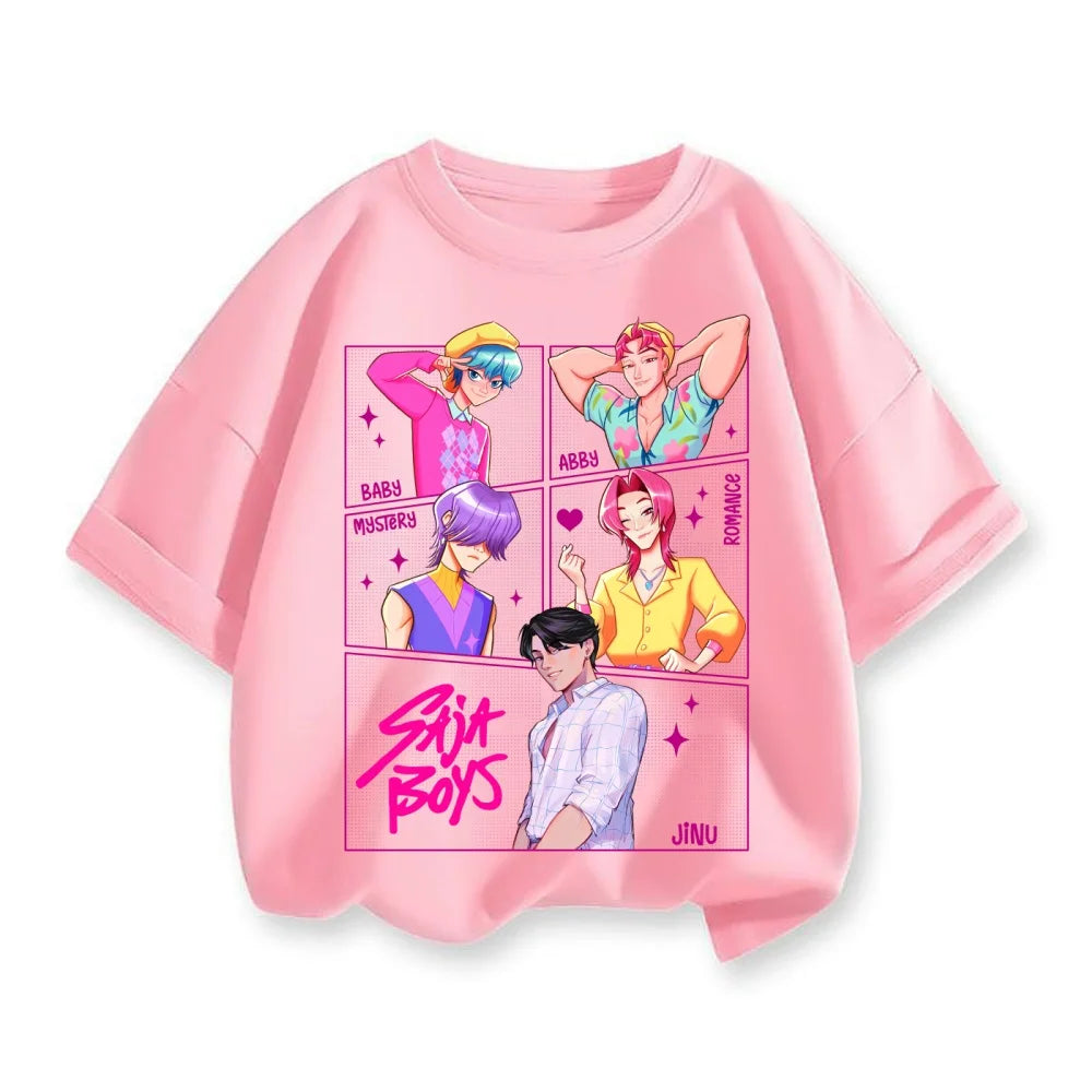 Cute Cartoon Kpop Demon Hunters Huntrix T-shirts Summer Boys Girls Short Sleeve Round Neck Tops Anime Kpop Demon Hunters T Shirt