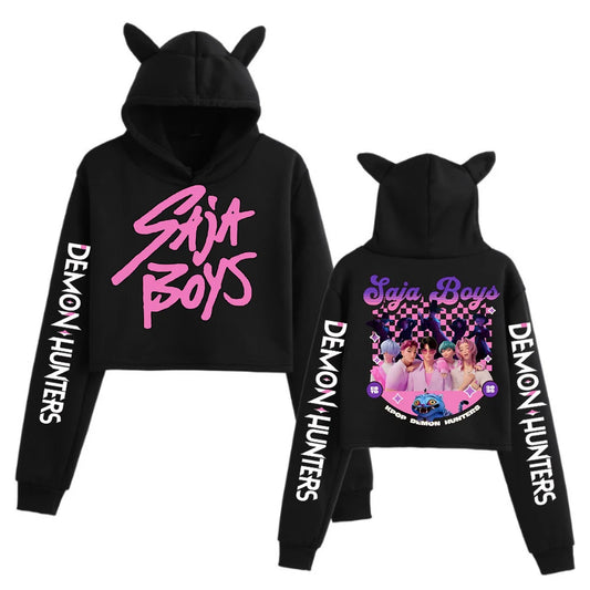 Anime K-Pop Demon Hunters Saja Boys Crop Tops Cat Ears Sweatshirt Long Sleeve Girls Fashion Hoodie